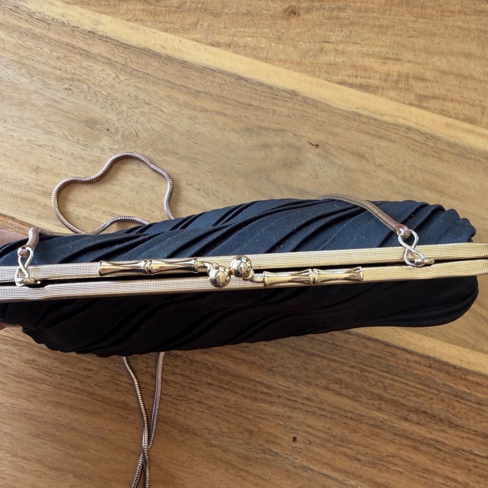Vintage 50s Du-Val Black Satin Pleated Evening Clutch Bag Gold Frame Hong Kong - Picture 10 of 11